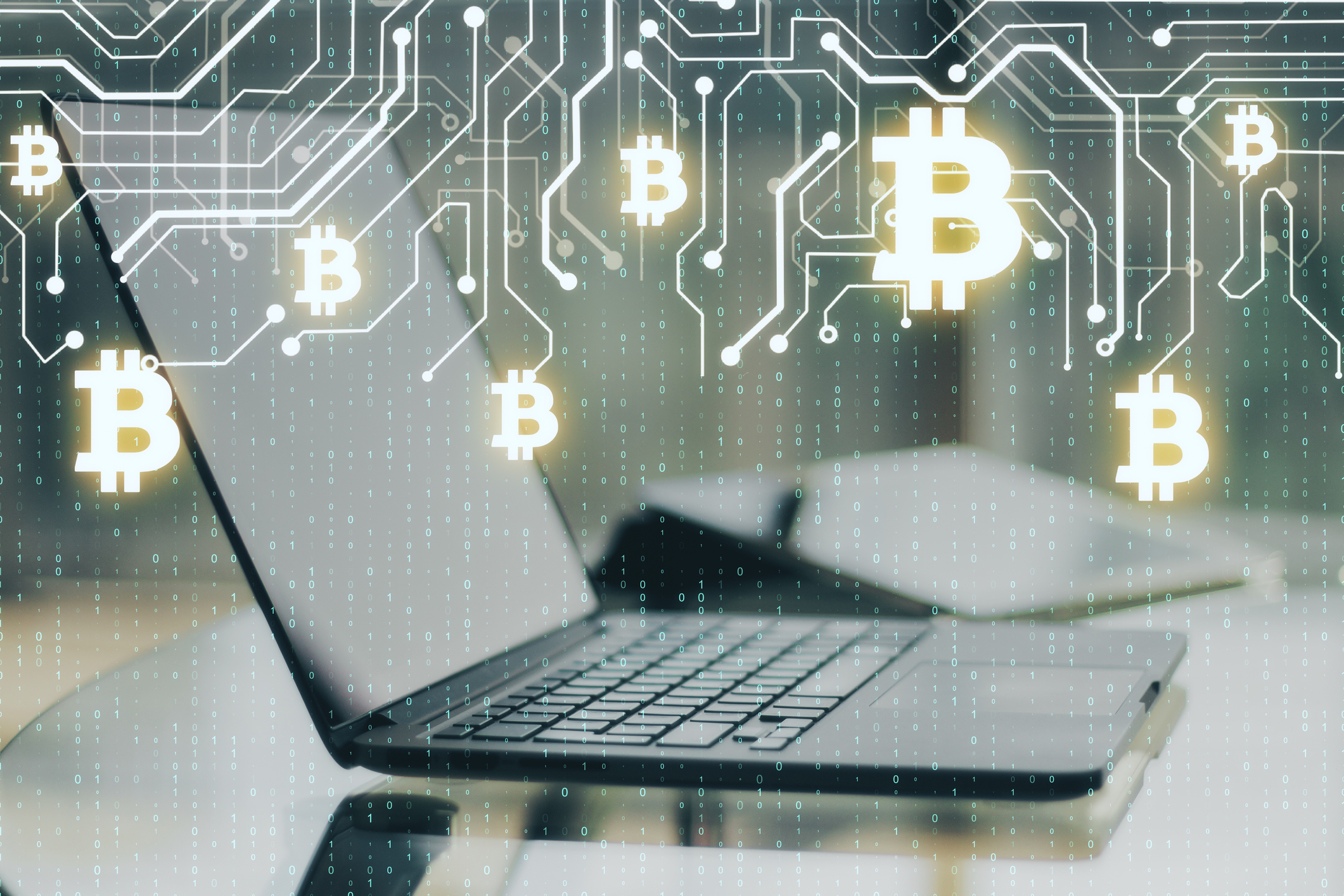 Close up of laptop with abstract glowing money circuit and binary code on blurry background. Bitcoin, cryptocurrency and technology concept. Multiexposure